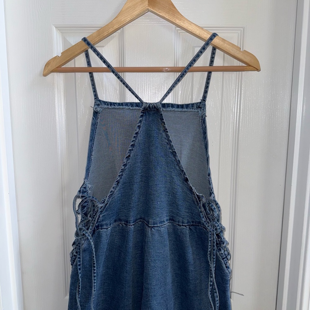 Sleeveless Denim Jumpsuit M Wide Leg Blue Open Back Thin Straps Boho Comfy Chic - Picture 5 of 16